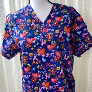 3/25 Scrub Top Awareness Ribbon Heart S Blue Pink